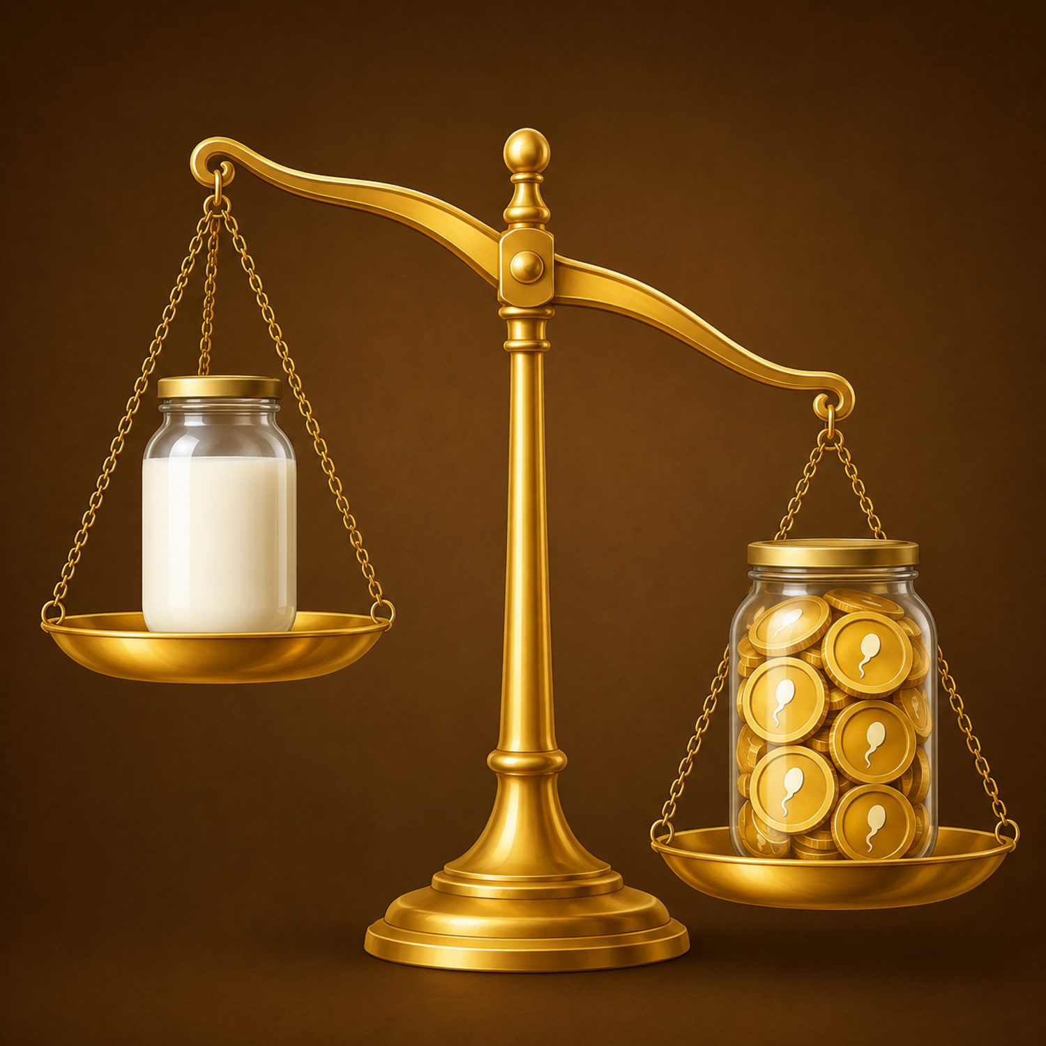 Gold balance scale comparing a milk jar with a jar of Sperm Coins
