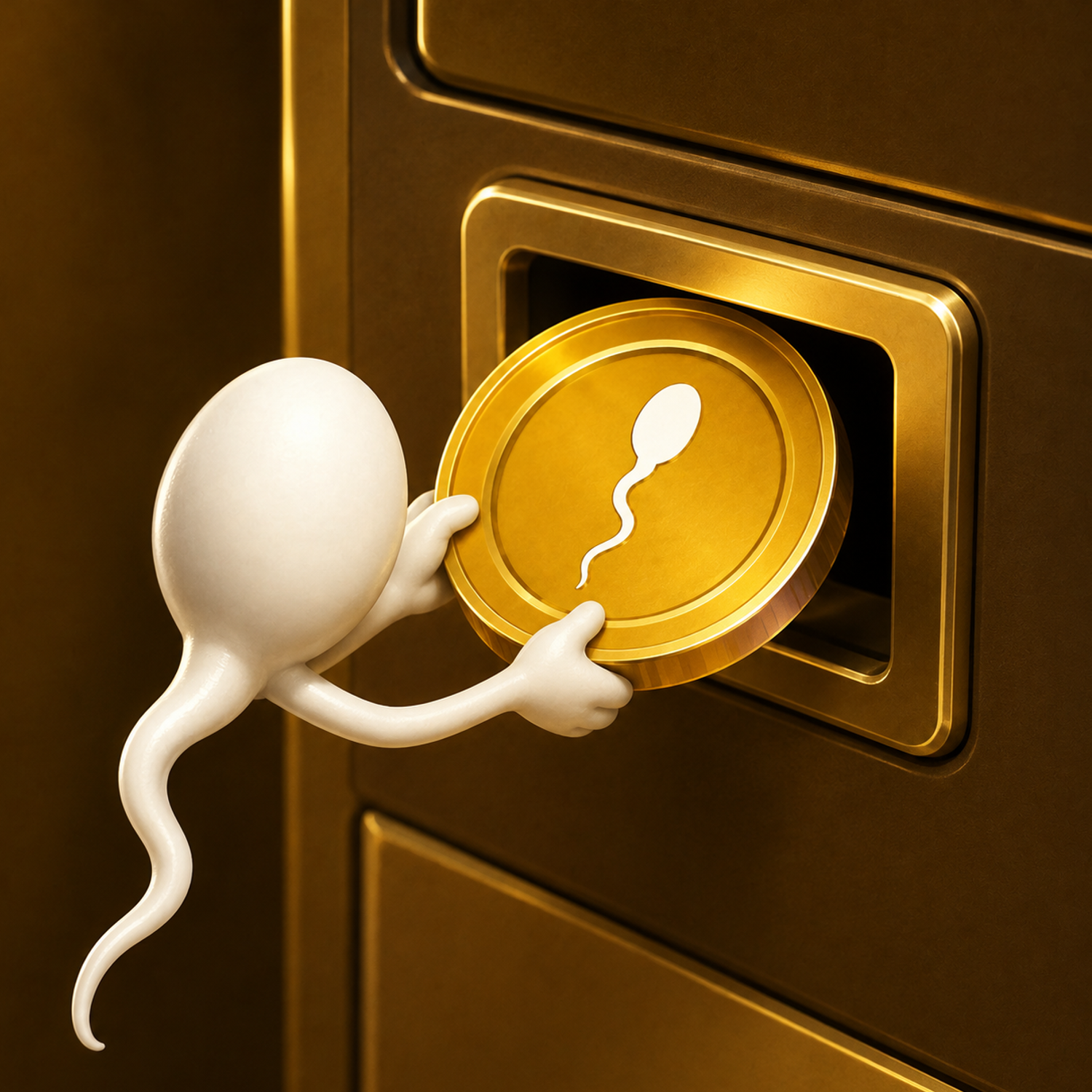 Sperm character placing a gold Sperm Coin into a vault